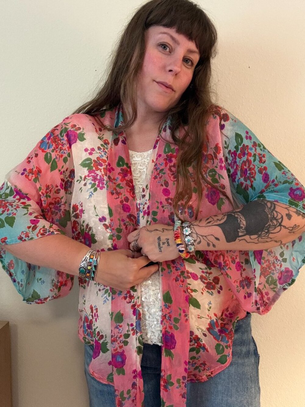 PRICE FIRM Sheer Floral Short Kimono